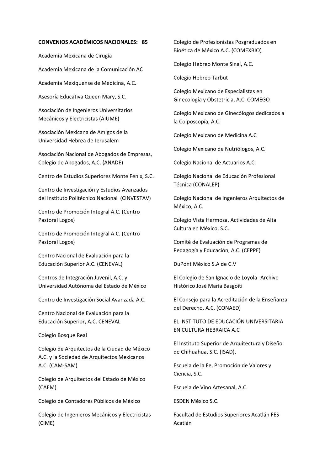CONVENIOS ACADÉMICOS NACIONALES: 85 Academia Mexicana De Cirugía Academia Mexicana De La Comunicación AC Academia Mexiquen