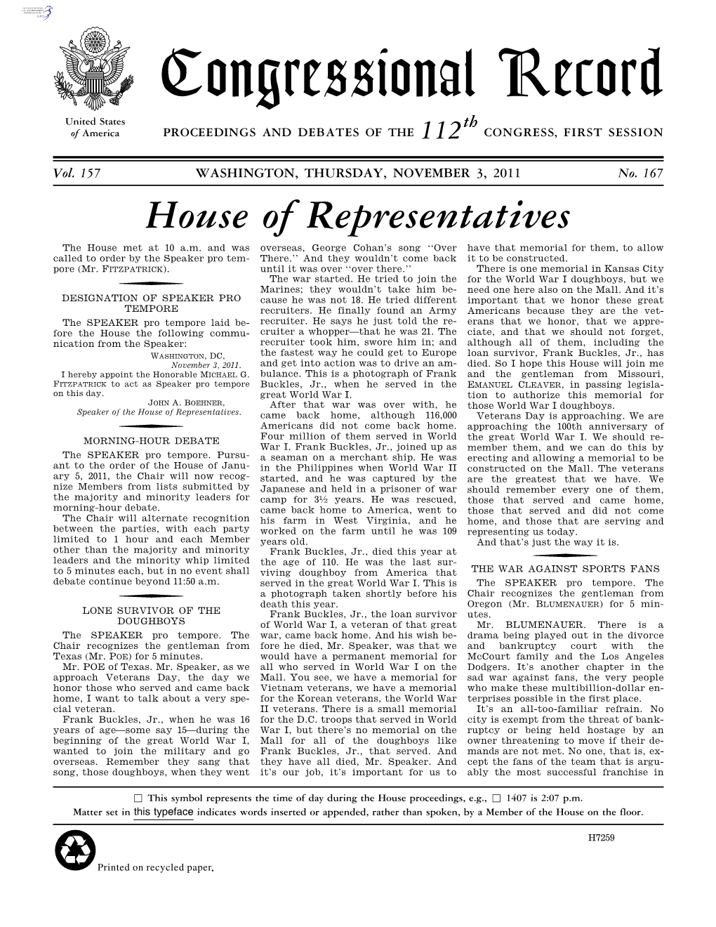 Congressional Record United States Th of America PROCEEDINGS and DEBATES of the 112 CONGRESS, FIRST SESSION