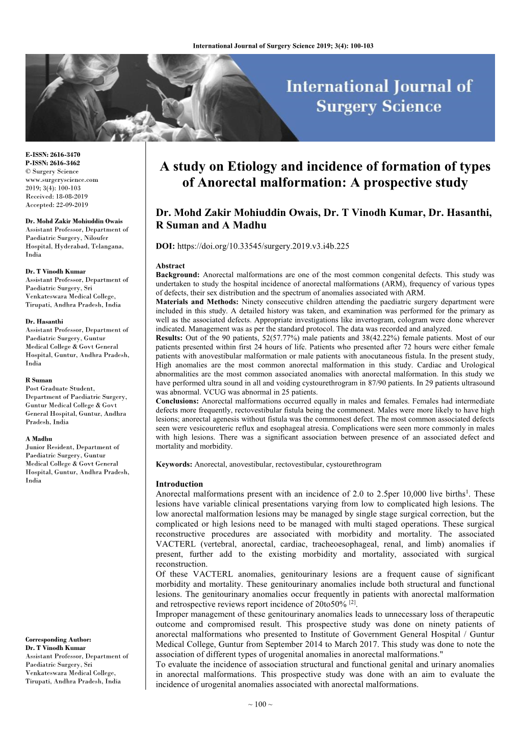 A Study on Etiology and Incidence of Formation of Types of Anorectal Malformation