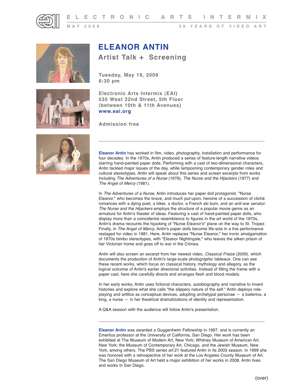 ELEANOR ANTIN Artist Talk + Screening