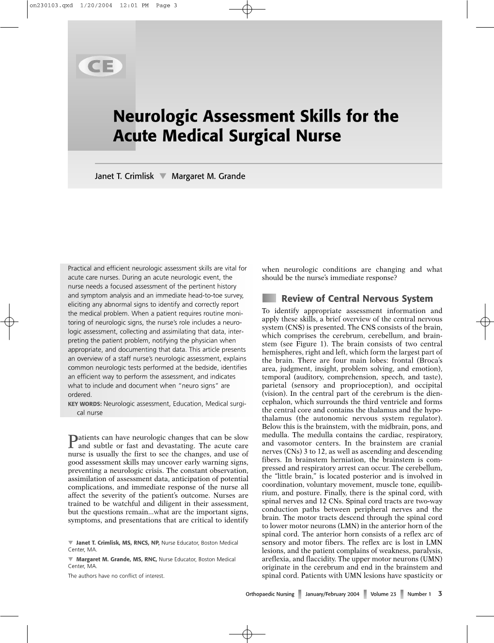 Neurologic Assessment Skills for the Acute Medical Surgical Nurse