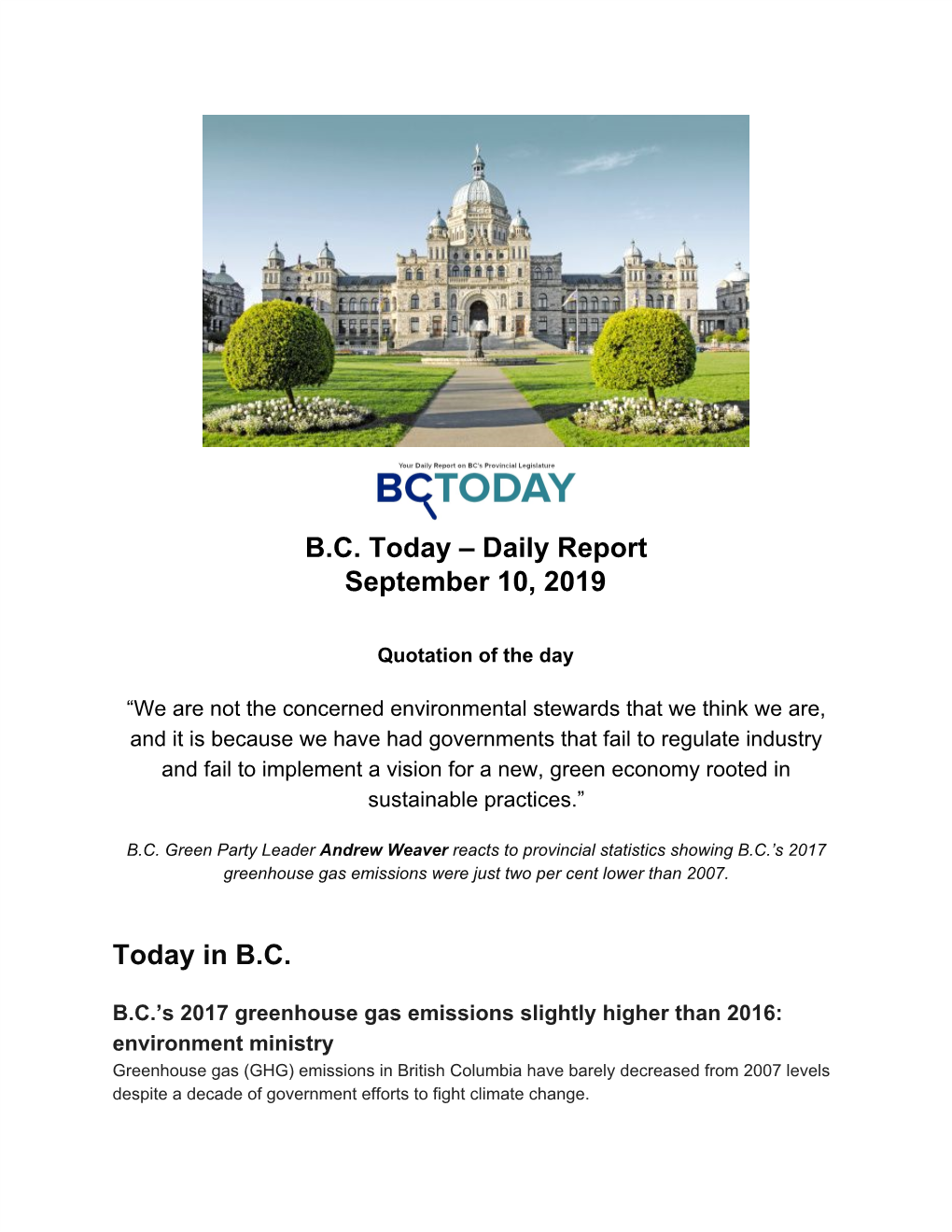 B.C. Today – Daily Report September 10, 2019 Today In