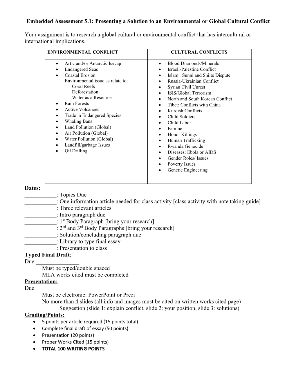 Embedded Assessment 5.1: Presenting a Solution to an Environmental Or Global Cultural Conflict