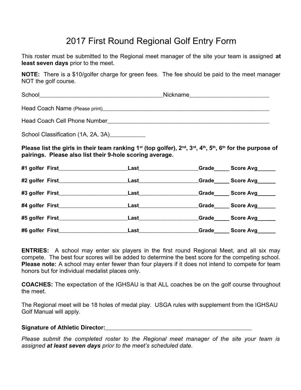 2017 First Round Regional Golf Entry Form