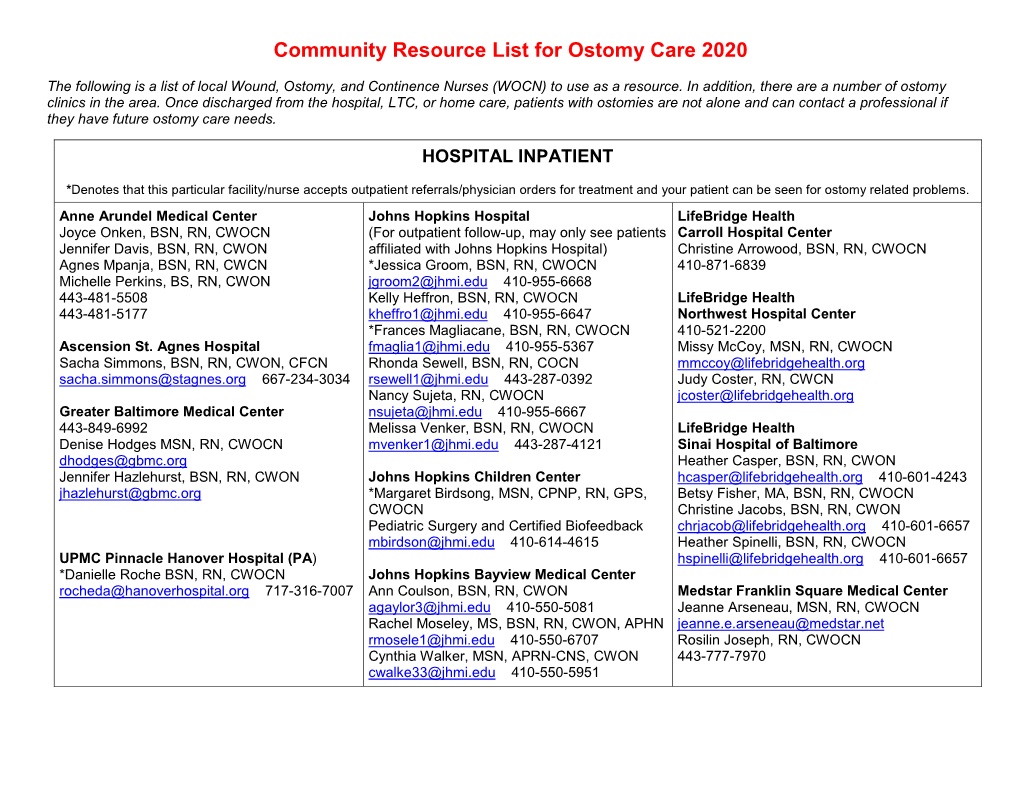 Community Resource List for Ostomy Care 2020