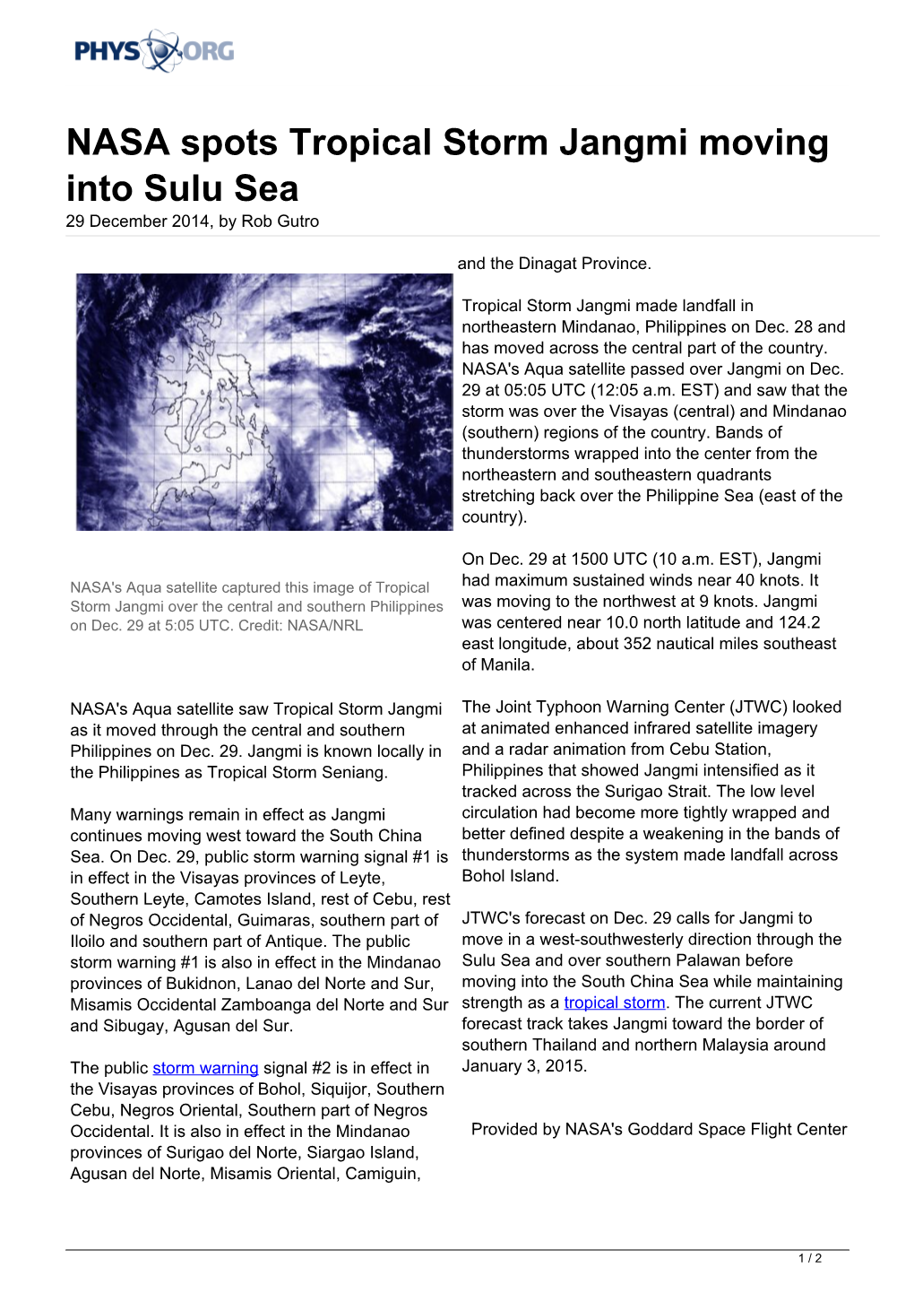 NASA Spots Tropical Storm Jangmi Moving Into Sulu Sea 29 December 2014, by Rob Gutro