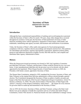 Secretary of State Administrative Overview September 2001