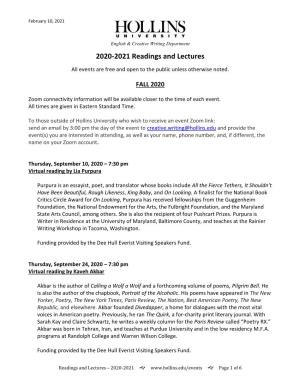 2020-2021 Readings and Lectures
