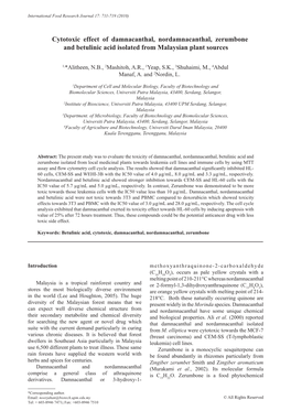 Cytotoxic Effect of Damnacanthal, Nordamnacanthal, Zerumbone and Betulinic Acid Isolated from Malaysian Plant Sources