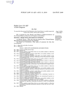 Public Law 111–227 111Th Congress an Act to Amend the Harmonized Tariff Schedule of the United States to Modify Temporarily Aug