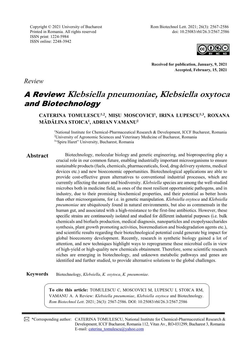 A Review: Klebsiella Pneumoniae, Klebsiella Oxytoca and Biotechnology 