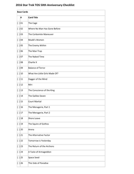 2016 Star Trek TOS 50Th Anniversary Checklist