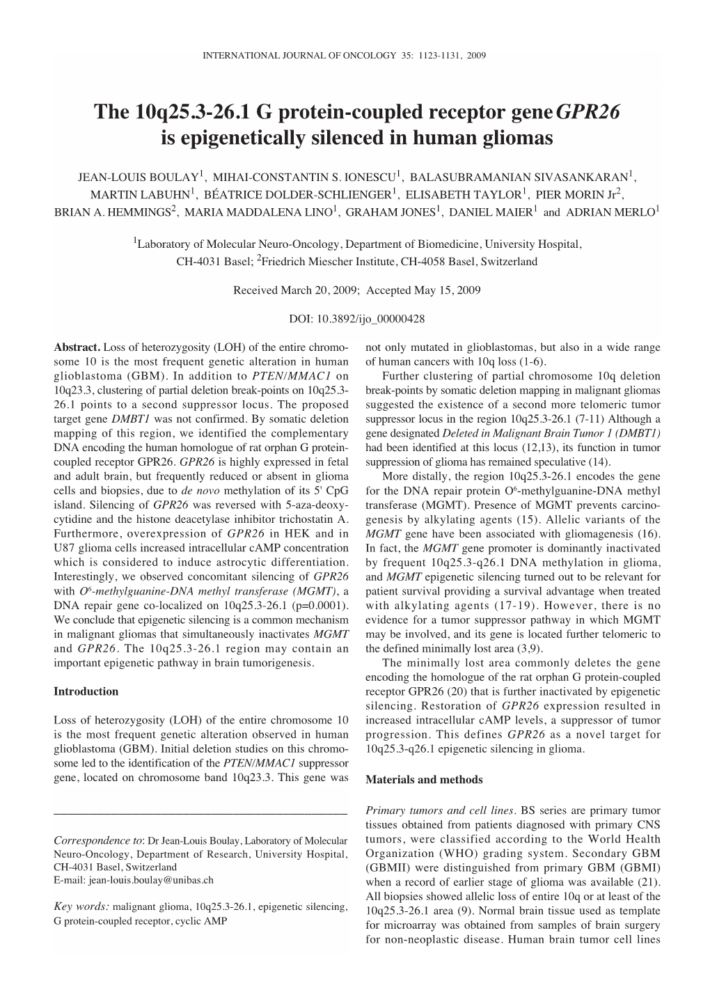 The 10Q25.3-26.1 G Protein-Coupled Receptor Genegpr26 Is