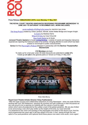 Royal Court Theatre Announcement Reopening Programme June to December 2021