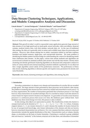 Data Stream Clustering Techniques, Applications, and Models: Comparative Analysis and Discussion