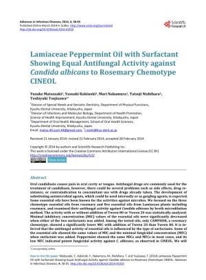 Lamiaceae Peppermint Oil with Surfactant Showing Equal Antifungal Activity Against Candida Albicans to Rosemary Chemotype CINEOL