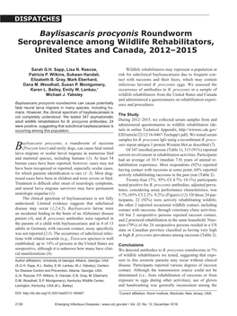 Baylisascaris Procyonis Roundworm Seroprevalence Among Wildlife Rehabilitators, United States and Canada, 2012–2015