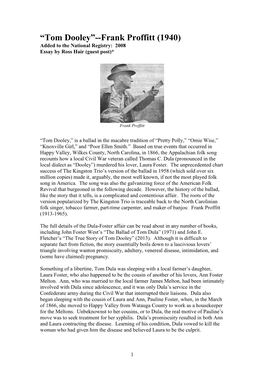 “Tom Dooley”--Frank Proffitt (1940) Added to the National Registry: 2008 Essay by Ross Hair (Guest Post)*