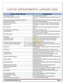 List of Appointments: January 2020