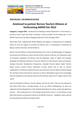 Asiatravel to Partner Borneo Tourism Alliance at Forthcoming NATAS Fair 2012