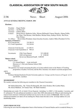 CLASSICAL ASSOCIATION of NEW SOUTH WALES 2/06 News Sheet