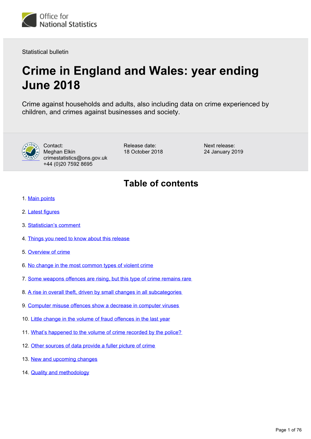 Crime in England and Wales: Year Ending June 2018