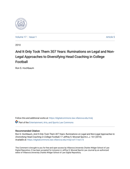 Ruminations on Legal and Non-Legal Approaches to Diversifying Head Coaching in College Football, 17 Jeffrey S