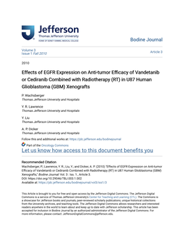 Effects of EGFR Expression on Anti-Tumor Efficacy of Vandetanib Or Cediranib Combined with Radiotherapy (RT) in U87 Human Glioblastoma (GBM) Xenografts
