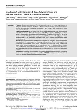 Interleukin-1And Interleukin-6 Gene Polymorphisms and the Risk of Breast Cancer in Caucasian Women