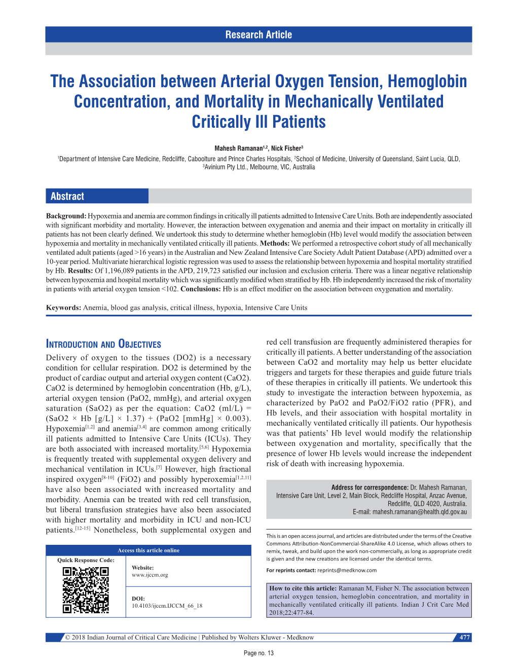 The Association Between Arterial Oxygen Tension, Hemoglobin ...