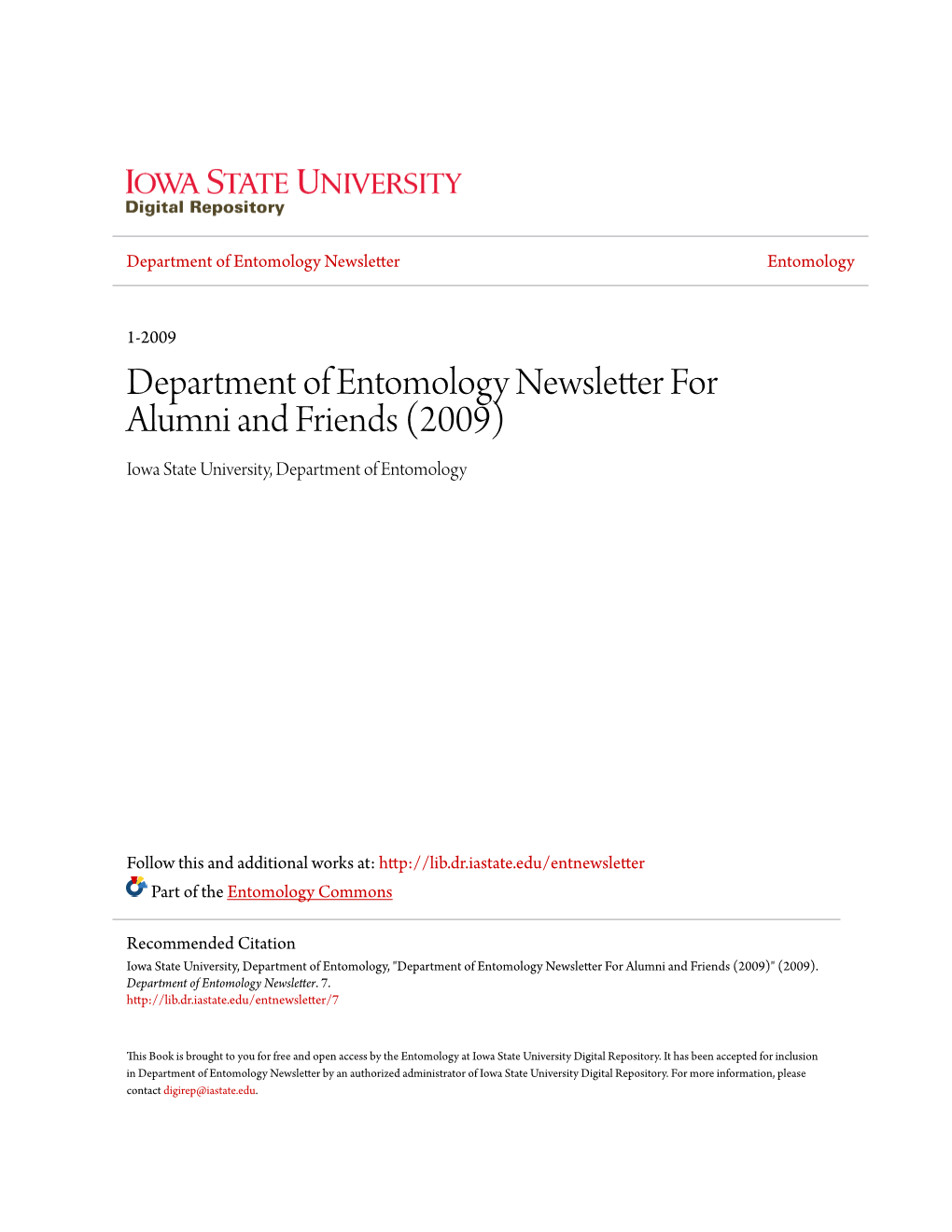 Department of Entomology Newsletter for Alumni and Friends (2009) Iowa State University, Department of Entomology