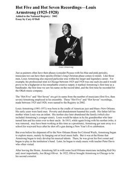 Hot Five and Hot Seven Recordings—Louis Armstrong (1925-1928) Added to the National Registry: 2002 Essay by Cary O’Dell