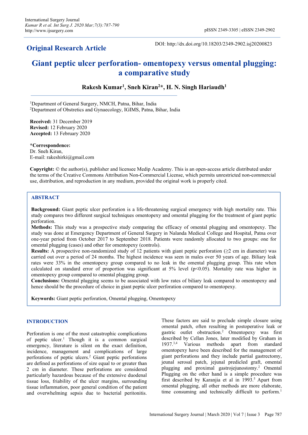 Giant Peptic Ulcer Perforation- Omentopexy Versus Omental Plugging: a Comparative Study