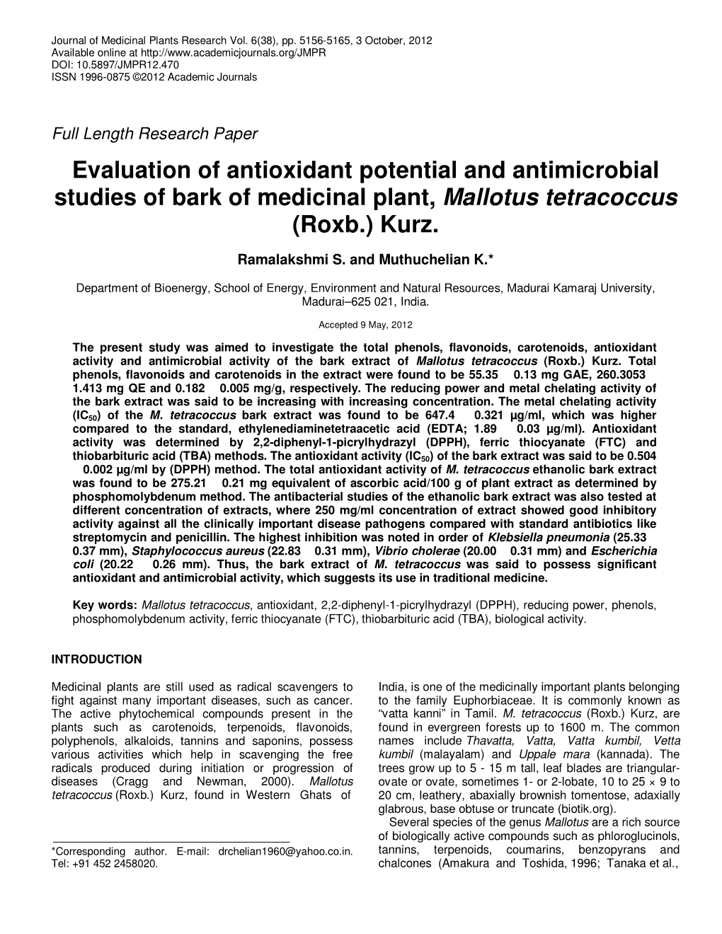 Evaluation of Antioxidant Potential and Antimicrobial Studies of Bark of Medicinal Plant, Mallotus Tetracoccus (Roxb.) Kurz