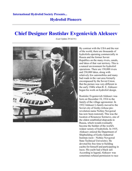 Chief Designer Rostislav Evgenievich Alekseev (Last Update 29 Jul 01)