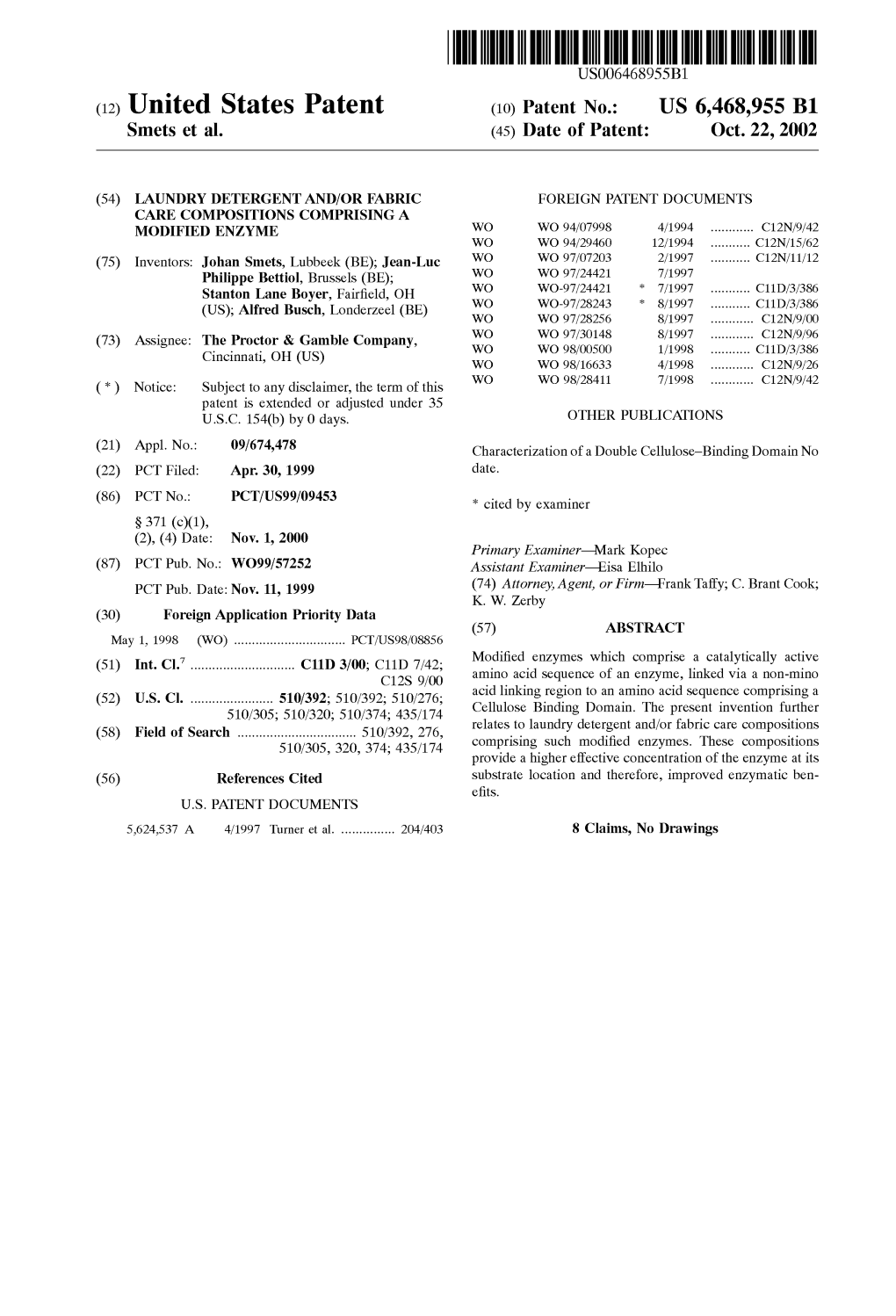 (12) United States Patent (10) Patent No.: US 6,468,955 B1 Smets Et Al