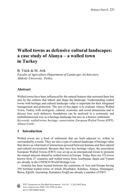 Walled Towns As Defensive Cultural Landscapes: a Case Study of Alanya – a Walled Town in Turkey