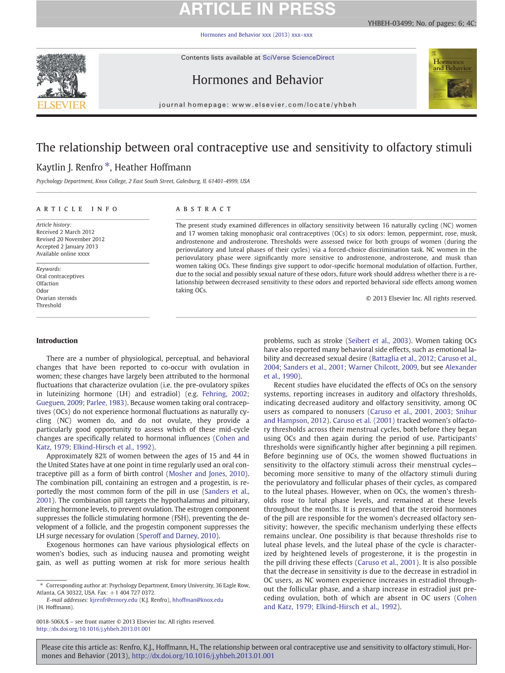 The Relationship Between Oral Contraceptive Use and Sensitivity to Olfactory Stimuli