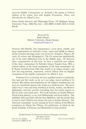 Averroës:Middle Commentary on Aristotle's De Anima. a Critical