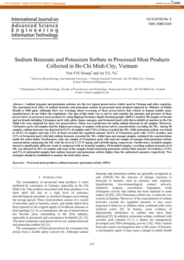 Sodium Benzoate and Potassium Sorbate in Processed Meat Products Collected in Ho Chi Minh City, Vietnam Yen T.H