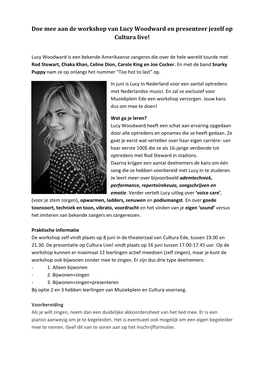 Doe Mee Aan De Workshop Van Lucy Woodward En Presenteer Jezelf Op Cultura Live!