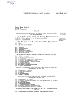 Public Law 116–93 116Th Congress an Act Making Consolidated Appropriations for the Fiscal Year Ending September 30, 2020, Dec