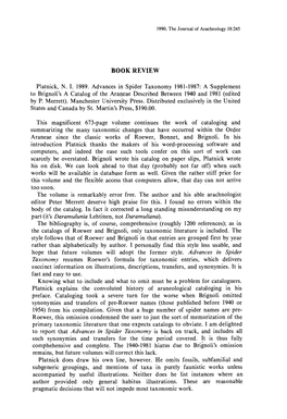 BOOK REVIEW Platnick, NI 1989. Advances in Spider Taxonomy 1981-1987