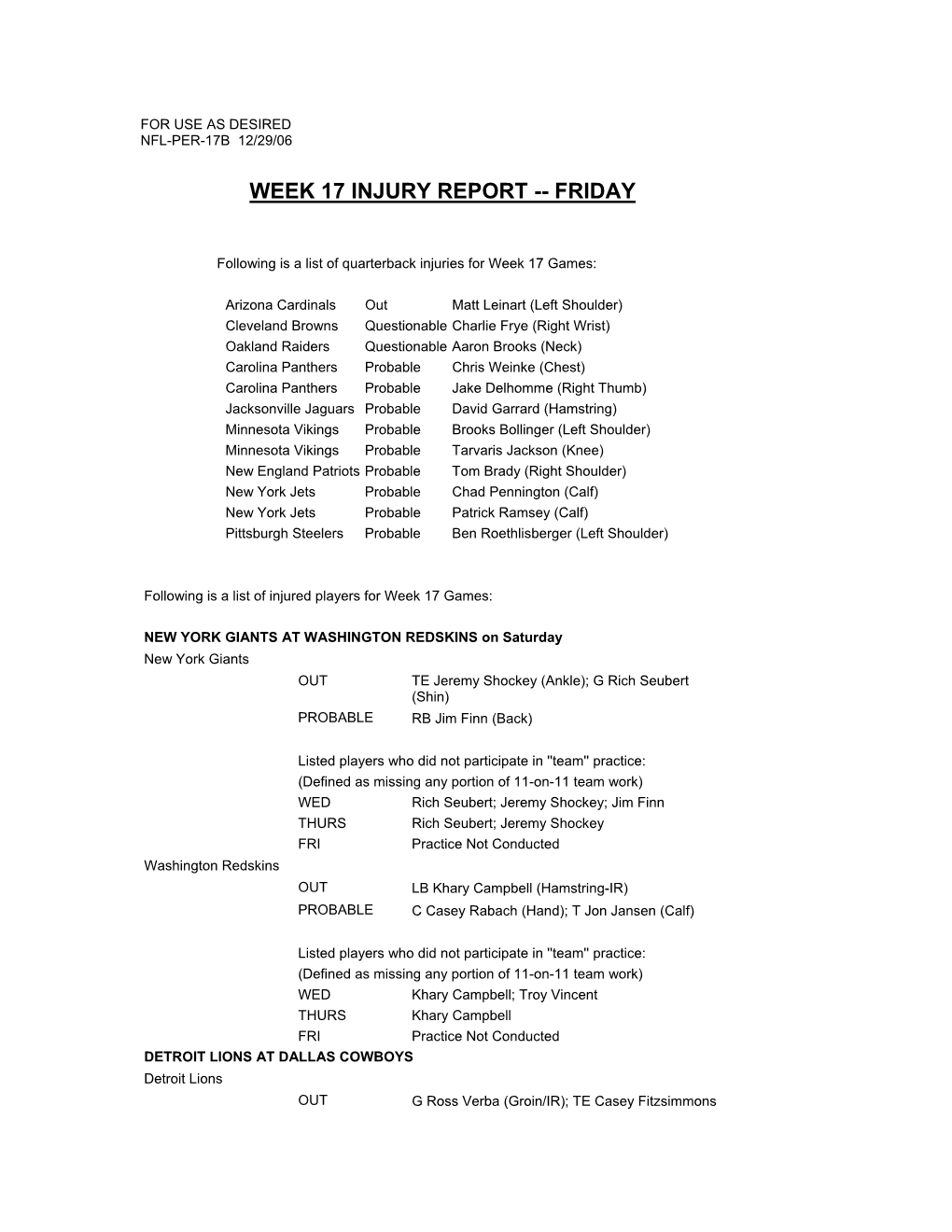 Week 17 Injury Report -- Friday