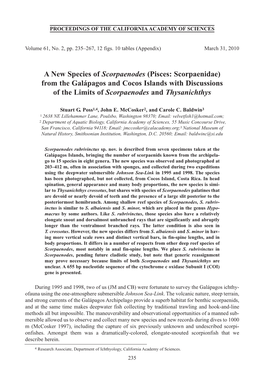 A New Species of Scorpaenodes (Pisces: Scorpaenidae) from the Galápagos and Cocos Islands with Discussions of the Limits of Scorpaenodes and Thysanichthys