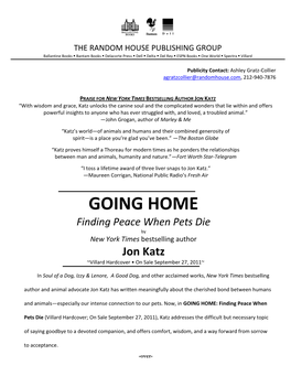 GOING HOME Finding Peace When Pets Die by New York Times Bestselling Author Jon Katz ~Villard Hardcover • on Sale September 27, 2011~