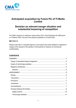 Anticipated Acquisition by Future Plc of TI Media Limited Decision On