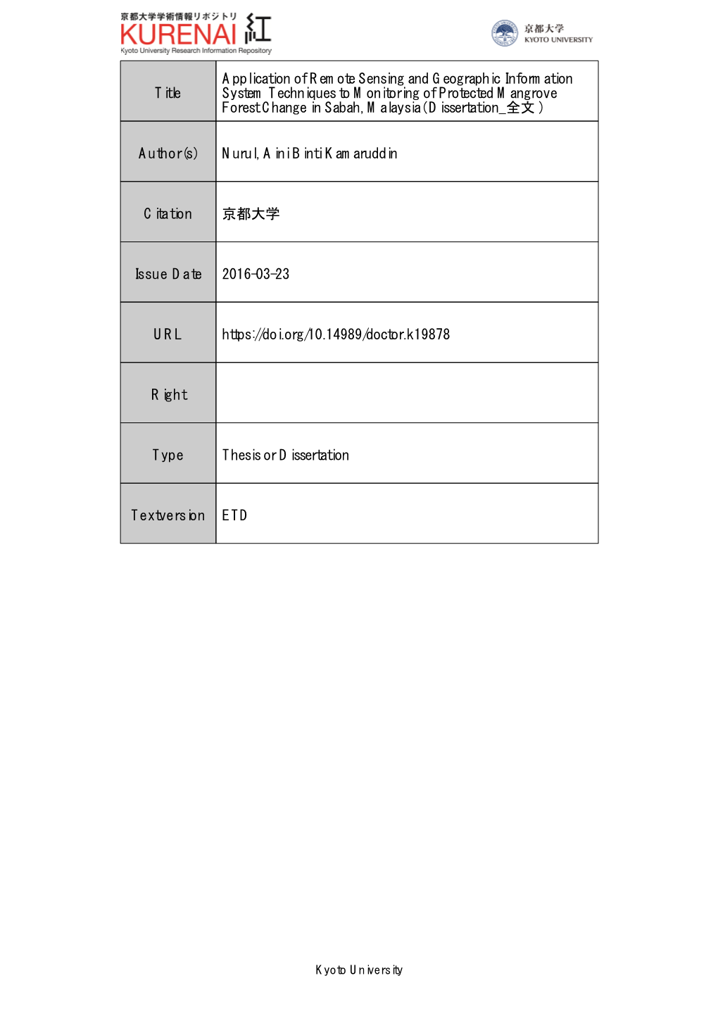 Title Application of Remote Sensing and Geographic Information System Techniques to Monitoring of Protected Mangrove Forest Chan