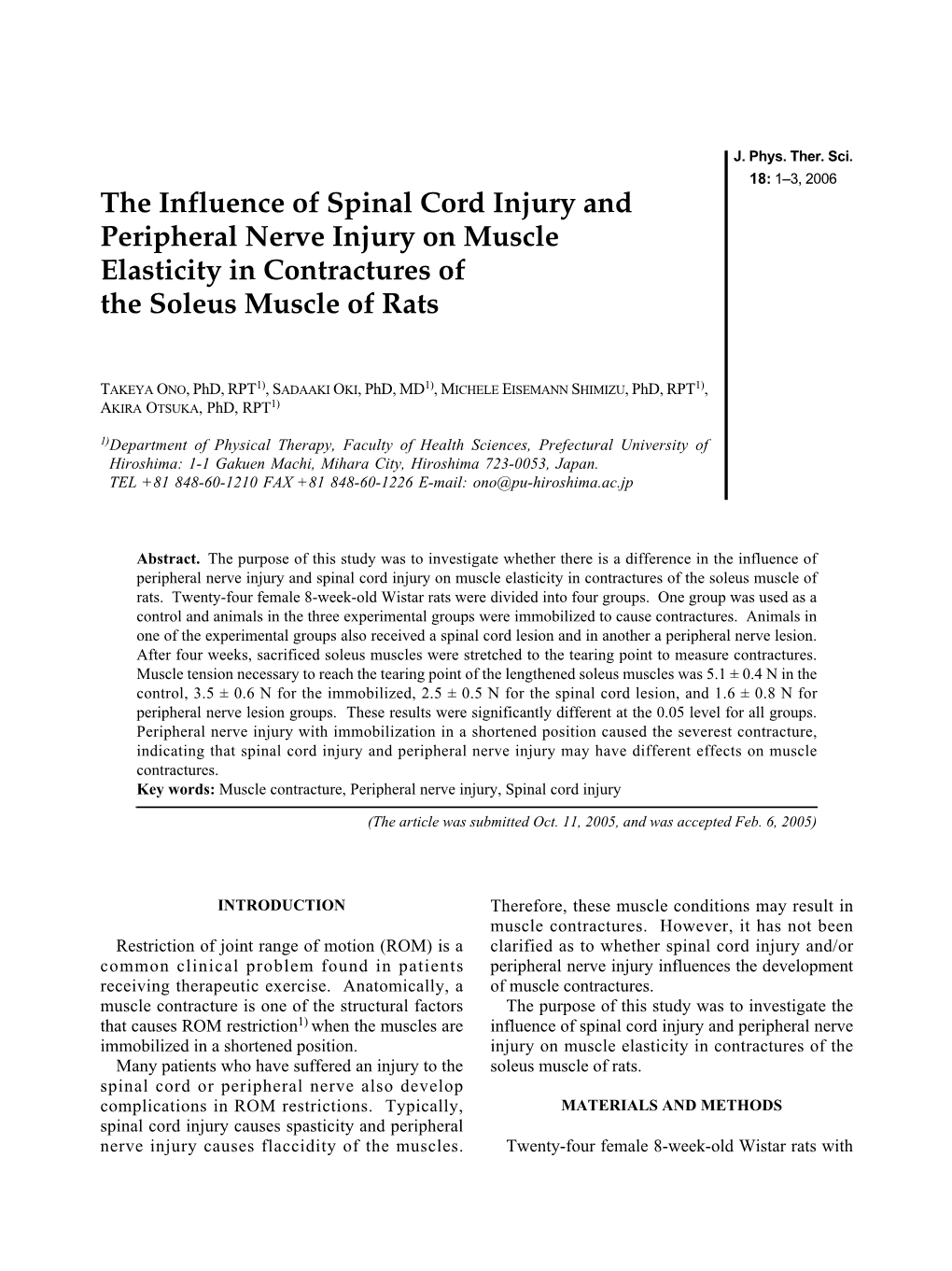 The Influence of Spinal Cord Injury and Peripheral Nerve Injury on Muscle Elasticity in Contractures of the Soleus Muscle of Rats