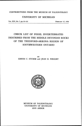 Check List of Fossil Invertebrates Described from the Middle Devonian Rocks of the Thedford-Arkona Region of Southwestern Ontario